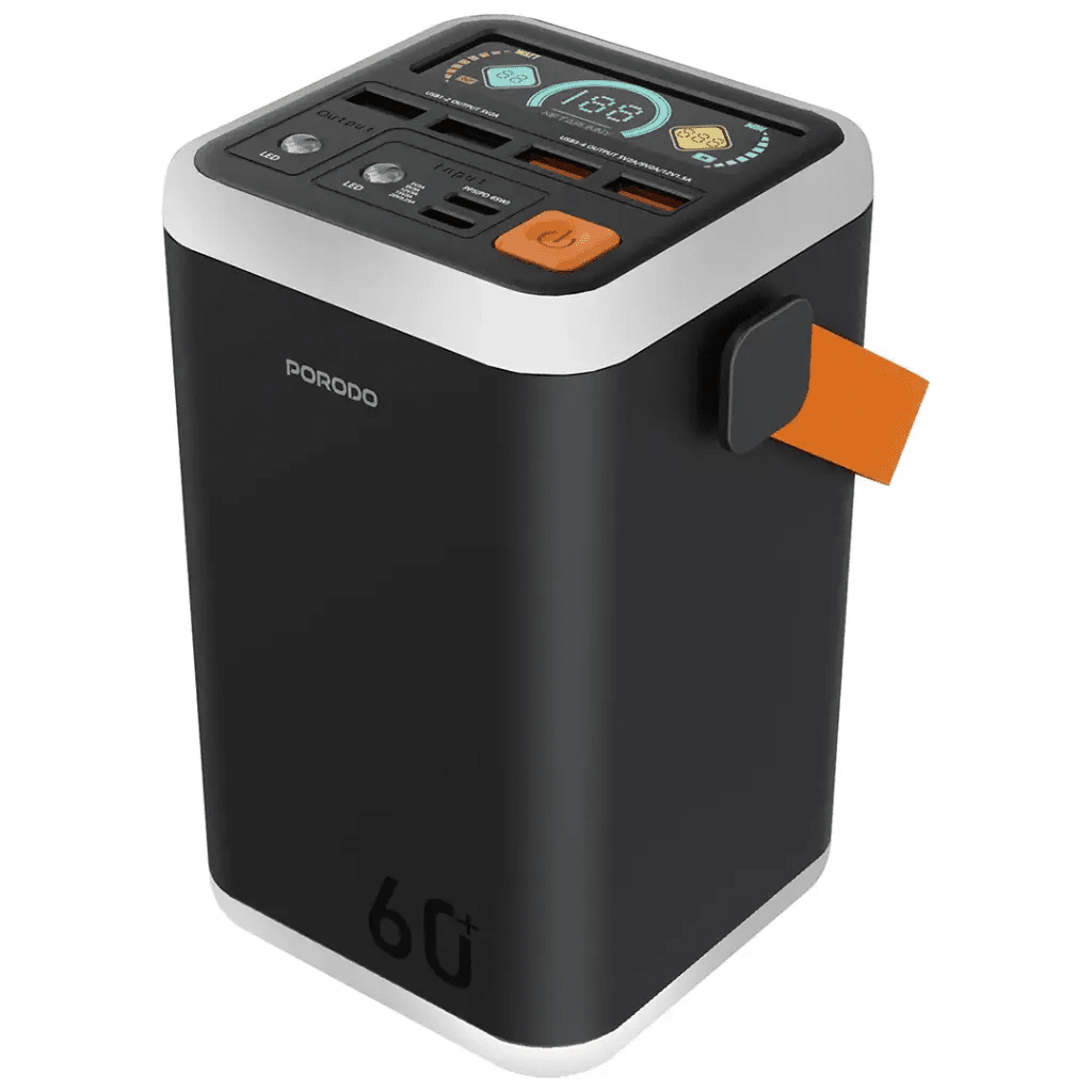 باور بانك Porodo Cappadoc سعة 60000mAh بشاشة TFT وستة منافذ - أسود